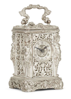
	
		A French ornate white metal miniature mignonette timepiece, second half 19th century, the...