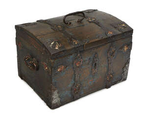 
	
		RTO:  A Dutch oak iron bound domed treasury casket, 18th century, the corners applied...