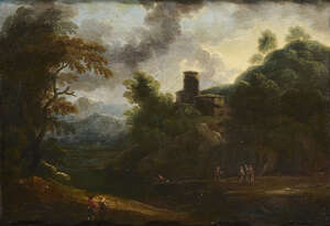 
	
		Follower of Richard Wilson RA, 
		British 1713-1782- 
		 
		Landscape with a chateau...