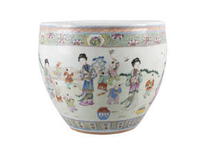 
	
		A Chinese porcelain jardiniere, mid-19th century, painted in famille rose enamels with...
