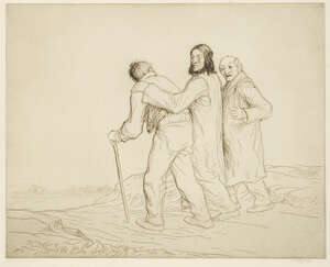
	
		William Strang RA RP RE, 
		Scottish 1859-1921- 
		 
		Road to Emmaus; 
		 
		