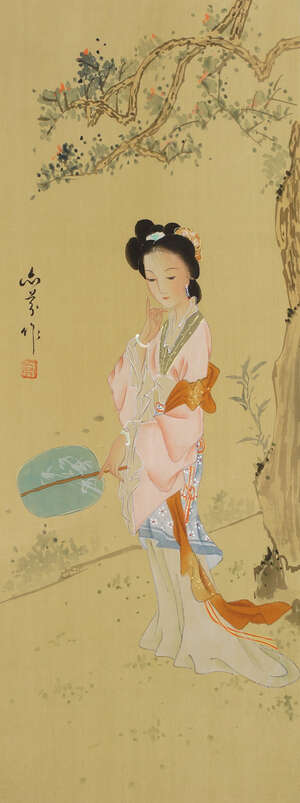 
	
		Three Chinese paintings of ladies, 20th century, portrayed in abstract landscapes, signed...