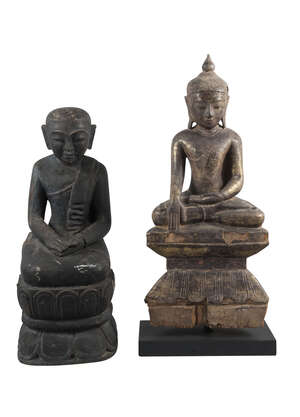 
	
		A Burmese gilt lacquer carved wood buddha, 18th/19th century, seated on a lotus throne,...