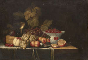 
	
		Manner of Joris van Son, 
		18th century- 
		 
		Still life of grapes, peaches,...