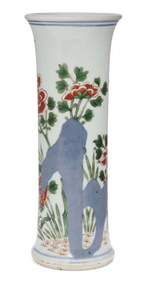 
	
		A Chinese porcelain wucai beaker vase, 17th century, painted with flowering peony...