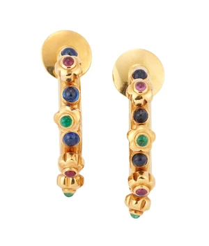 A pair of gem set hoop earrings, the round section hoops bezel set with round cabochon...