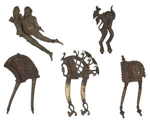 
	
		A group of five brass betelnut cutters, India, late 18th-early 20th century, of various...
