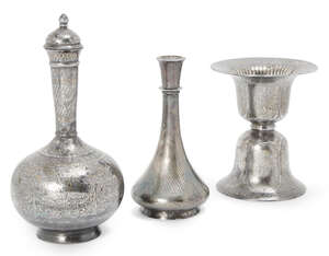 
	
		A bidri lidded surahi, hookah, and vase, Lucknow India, early 19th century, the surahi of...