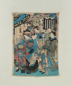 A reproduction Japanese colour woodblock print, after Kunichika (1835-1900), Oiran strolling through the Yoshiwara with her attendants, linen cloth laid down o