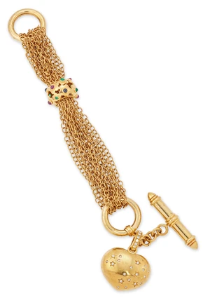 A diamond and gem-set bracelet, designed as a multi-row chain link bracelet with cabochon ruby,...