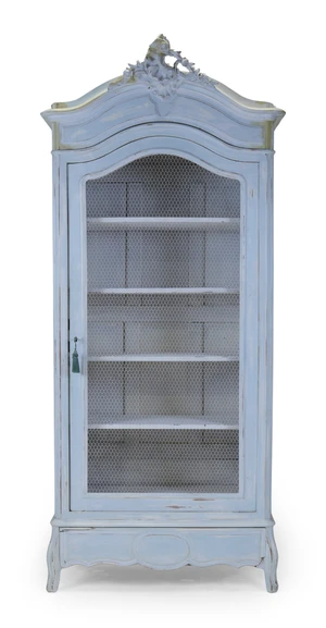 A French light blue-painted armoire, last quarter 19th century, the arched cornice with...