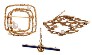 
	
		Two 9-carat gold and cultured pearl brooches and an enamel Naval bar brooch, the brooches...