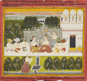 
	
		A Prince surrounded by demonic courtiers, Mewar, mid-18th century, opaque pigments...