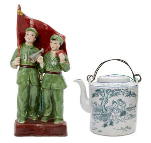 
	
		A Chinese porcelain transfer decorated Cultural Revolution teapot and figure group,...