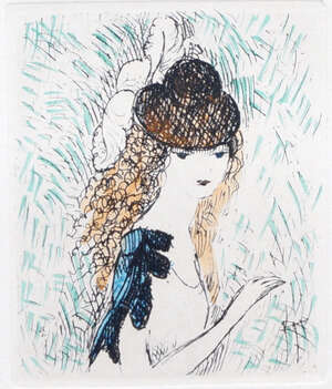 Marie Laurencin, 
		French 1883-1956- 
		 
		Portrait of a woman;
		 
		hand-coloured etching on wove paper, plate 8.5x7cm; together with an etching by 