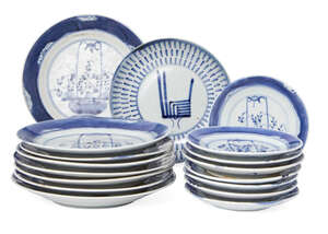 
	
		A collection of Chinese porcelain dishes, 18th century, painted in underglaze blue with...