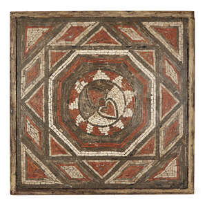 A Roman-style mosaic, 19th/20th, century, the black, white and red tesserae composed into a geometrical pattern centred on a round medallion, in a wood frame, 