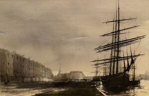 
	
		Peter Cecil Knox, British b.1942- Barque Alongside Jetty; ink, watercolour and gouache,...