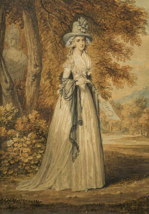 
	
		Edward Dayes, 
		British 1763-1804- 
		 
		Portrait of a lady standing full-length in...