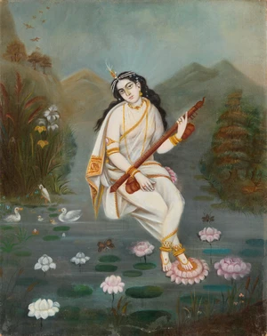 Bengal school, &nbsp;early 20th century,
Saraswati, &nbsp;oil on canvas,
51 x 40.5cm.
Provenance: Private...