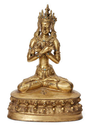 
	
		A Sino-Tibetan gilt bronze figure of Tara, 18th century, seated in dhyanasana on a lotus...