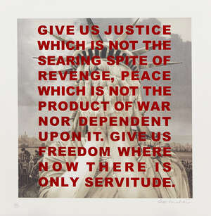 
	
		Gee Vaucher,
		British b.1945-
		 
		Give Us Justice, 2008;
		 
		screenprint with...