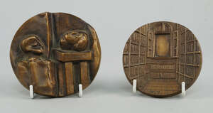 
	
		Tamas Asszony, Hungarian, 1942- Two bronze circular plaques, one depicting a man viewing...