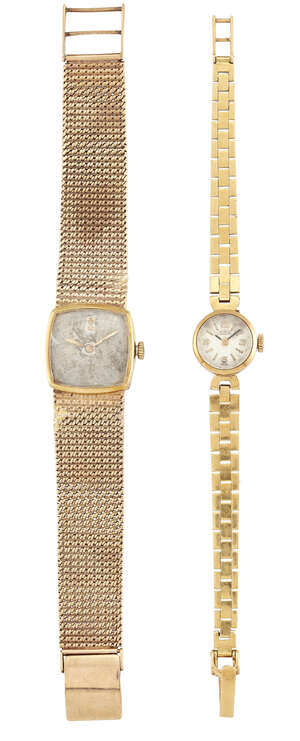 
	
		Two lady's gold wristwatches, the first an 18ct gold example with circular dial signed...