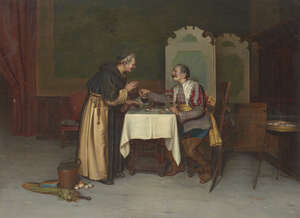 
	
		F Pengani, 
		Italian, late 19th century- 
		 
		A monk refusing more wine; 
		 
		