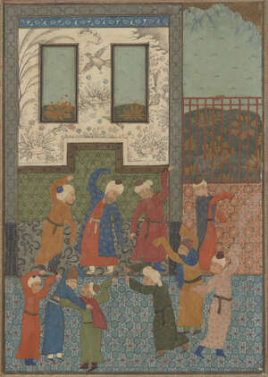 A Turkman-style miniature painting of dervishes in a shrine, Iran, 19th century, gouache on...