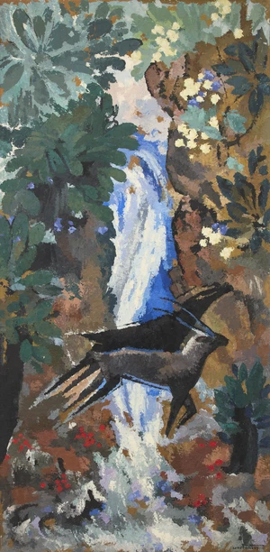 René Fontayne, French 1892-1952 - Antilopes traversant une cascade - composition; oil on canvas, signed lower left 'René Fontayne' and inscribed on the re
