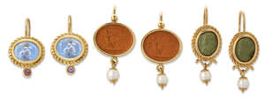 
	
		Three pairs of cameo and intaglio gem earrings, British import marks for 18-carat gold....