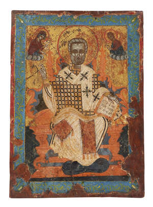 
	
		A Russian icon of the Crucifixion, 19th century, with Christ on the Cross flanked by...