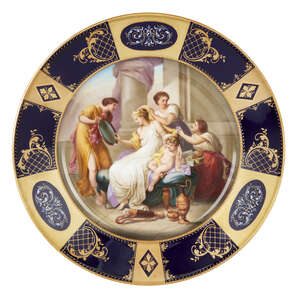 
	
		A Vienna-style porcelain cabinet plate, c.1900, blue beehive mark and title Schmuckung...