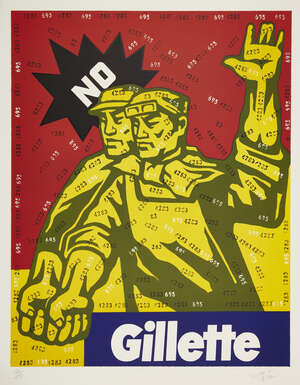 
	
		Wang Guang Yi,
		Chinese b.1956-
		 
		Gillette, 2002;
		 
		lithograph in colours on...