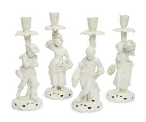 
	
		A set of four Stevenson and Hancock white glazed porcelain figural candlesticks, late...
