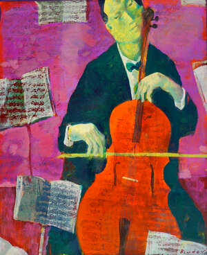 Andriy Bludov, Ukrainian b.1962- The cellist; acrylic on canvas, signed, 100x89cm (unframed) 
 