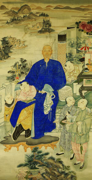 
	
		20th century Chinese school, ink and colour on paper, study of a scholar teaching boys,...
