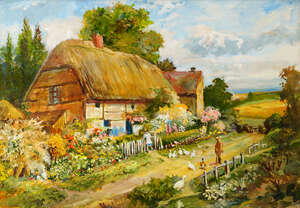 
	
		Robert Dumont-Smith FRSA, British 1908-1994- Thatched cottage; oil on board, signed, 24.5...
