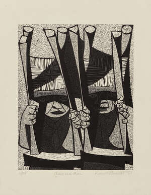 
	
		Roderic Barrett, 
		British 1920-2000- 
		 
		Chairs and Man, 1951; 
		 
		woodcut on...