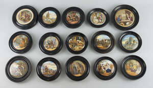 A Pratt ware pot lid of the Albert Memorial, 19th century, framed, 10.5cm diameter, together with a collection of other pot lids of varying size, to include A 