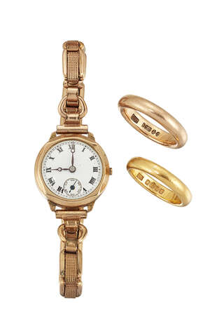 Two gold rings and a wristwatch; comprising: a 22ct gold band ring, Birmingham hallmarks, 1929, 6.8g; a 9ct gold band ring, London hallmarks, 6.6g; and a 9ct g