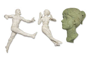 RTO John Bonar Dunlop ARBS,
		New Zealander/British 1916-1992-
		 
		Head of a Girl and Two Figures in Motion;
		 
		plaster sculptures, three, dimensio