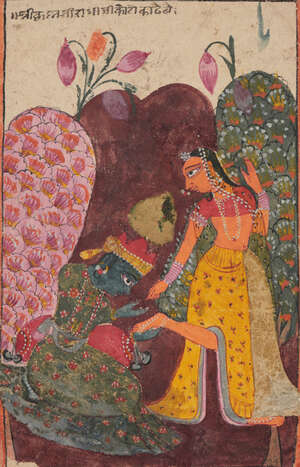
	
		Krishna plucking a thorn from Radha's foot, Bahsoli, Central India, mid-18th century,...