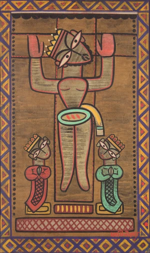 Jamini Roy (Indian 1887-1972), 
Figure with two worshippers,
Tempera on cloth, signed in Bengali...