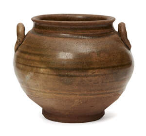 
	
		A Chinese stoneware celadon glazed jar, Han dynasty, with broad mouth and applied lug...