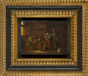 Manner of David Teniers the Younger, 
		20th century- 
		 
		Tavern scene; 
		 
		oil on panel, 16.5x22.5cm 
		 
		 
		 