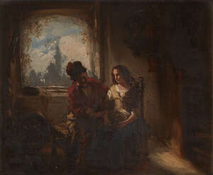 
	
		Eugène François de Block, 
		Belgian 1812-1893- 
		 
		Les Fiancés; 
		 
		oil on...