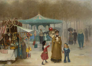 
	
		Henry Jones Thaddeus, 
		Irish 1859-1929- 
		 
		Mother and children at a winter fair...