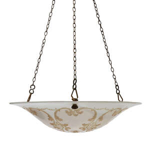 
	
		An opaque glass bowl pendant, 20th century, with pale gilt foliage decoration to the...